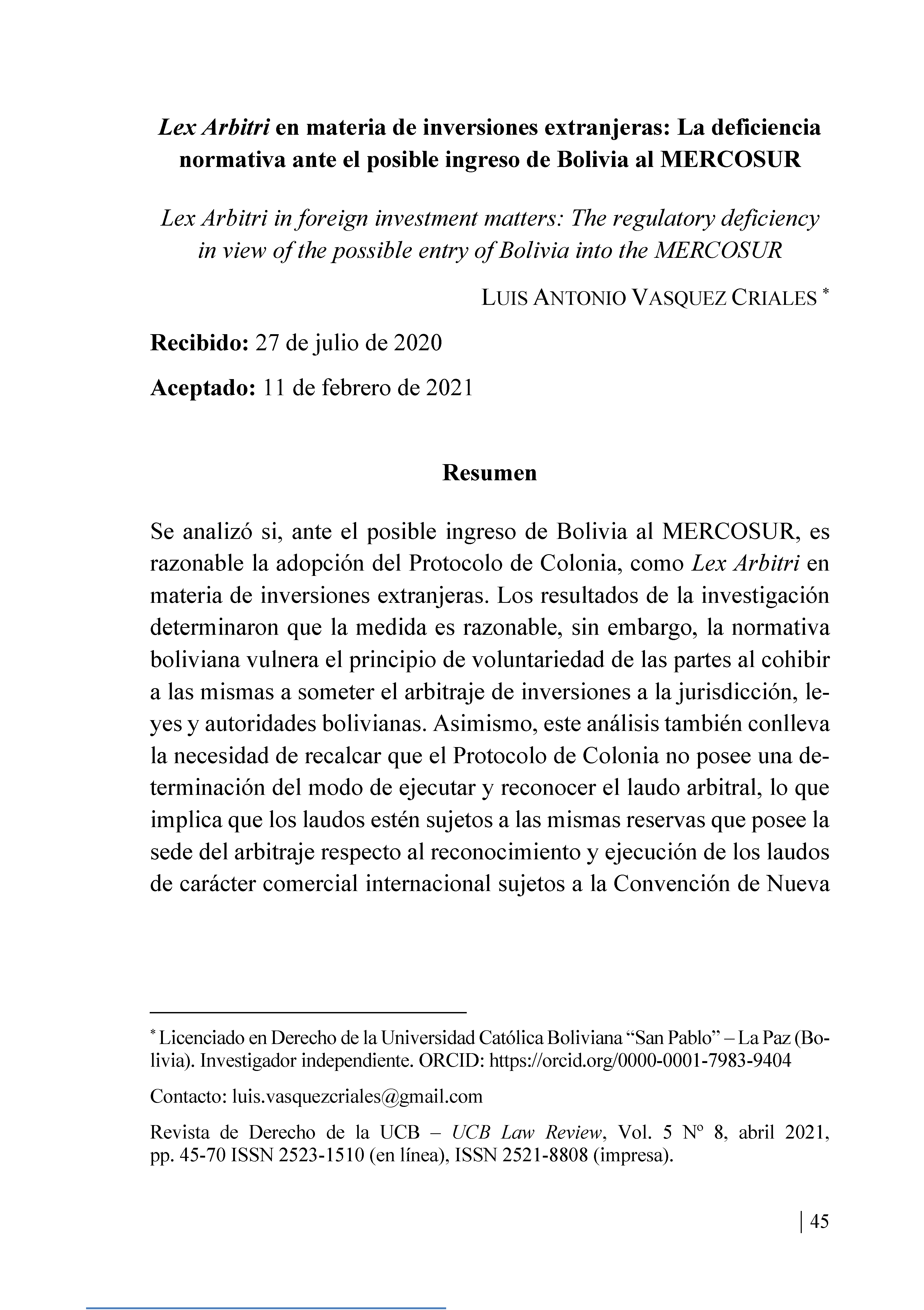 Lex Arbitri en materia de inversiones extranjeras: La deficiencia normativa ante el posible ingreso de Bolivia al MERCOSUR