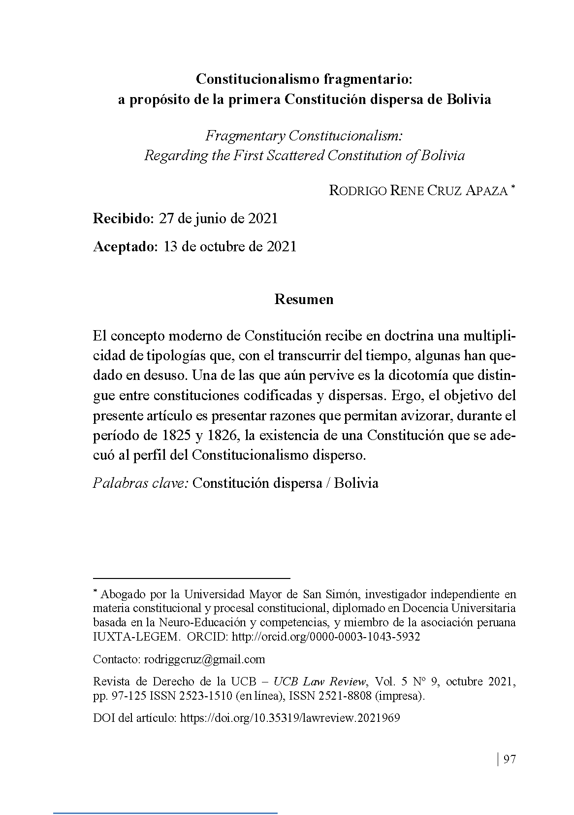 Constitucionalismo fragmentario: a propósito de la primera Constitución dispersa de Bolivia