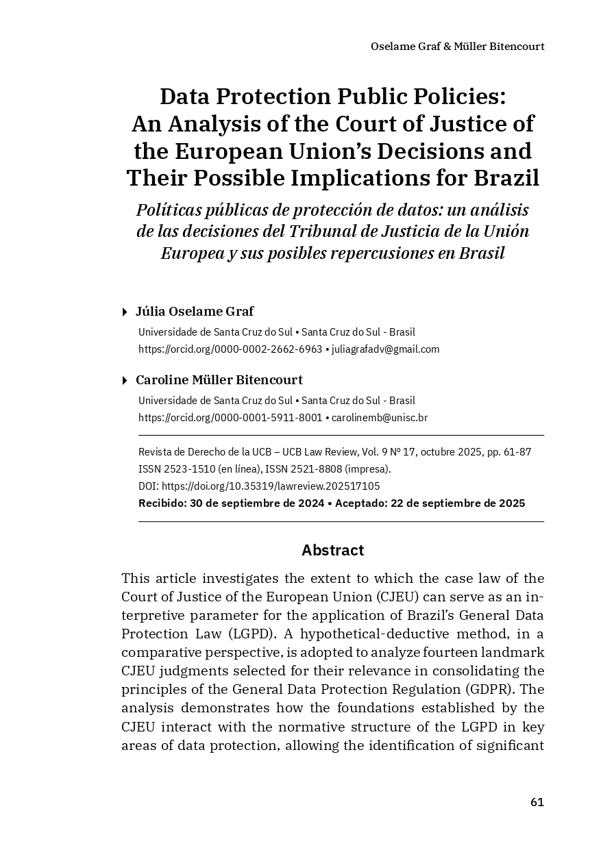 Portada  Políticas públicas de protección de datos: un análisis de las  decisiones del Tribunal de Justicia de la Unión Europea y sus posibles  repercusiones en Brasil