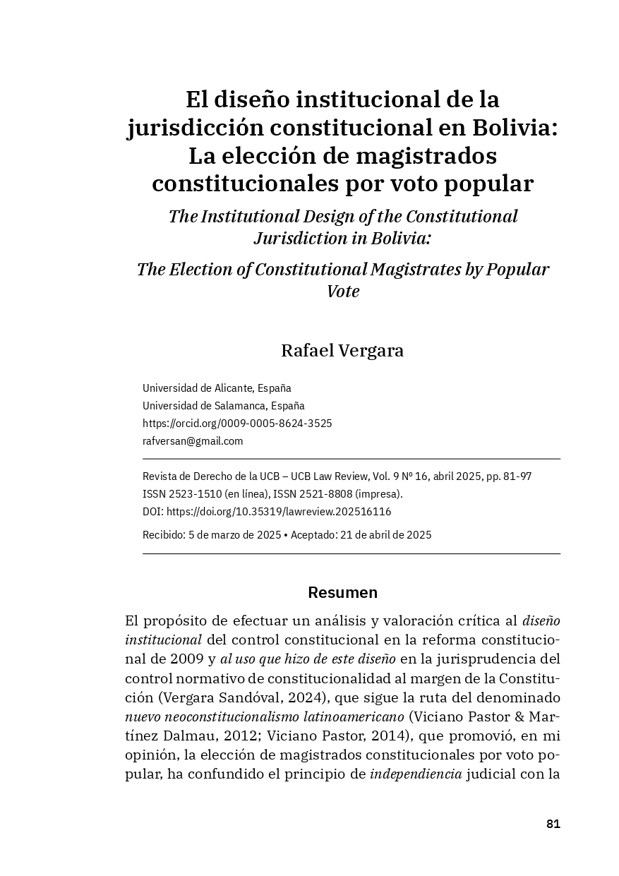 El diseño institucional de la jurisdicción constitucional en Bolivia: La elección de magistrados constitucionales por voto popular