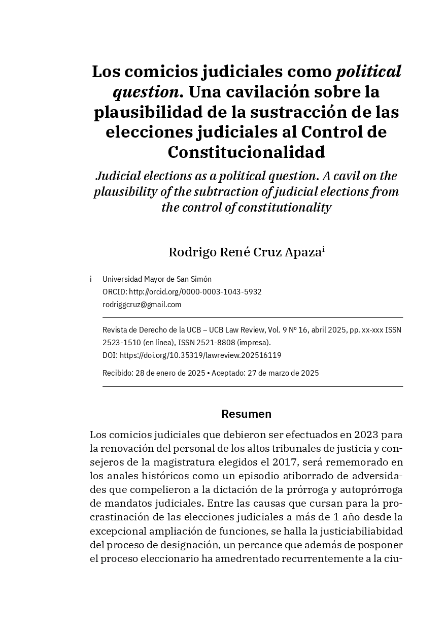 Los comicios judiciales como political question. Una cavilación sobre la plausabilidad de la sustracción de las elecciones judiciales al Control de Constitucionalidad