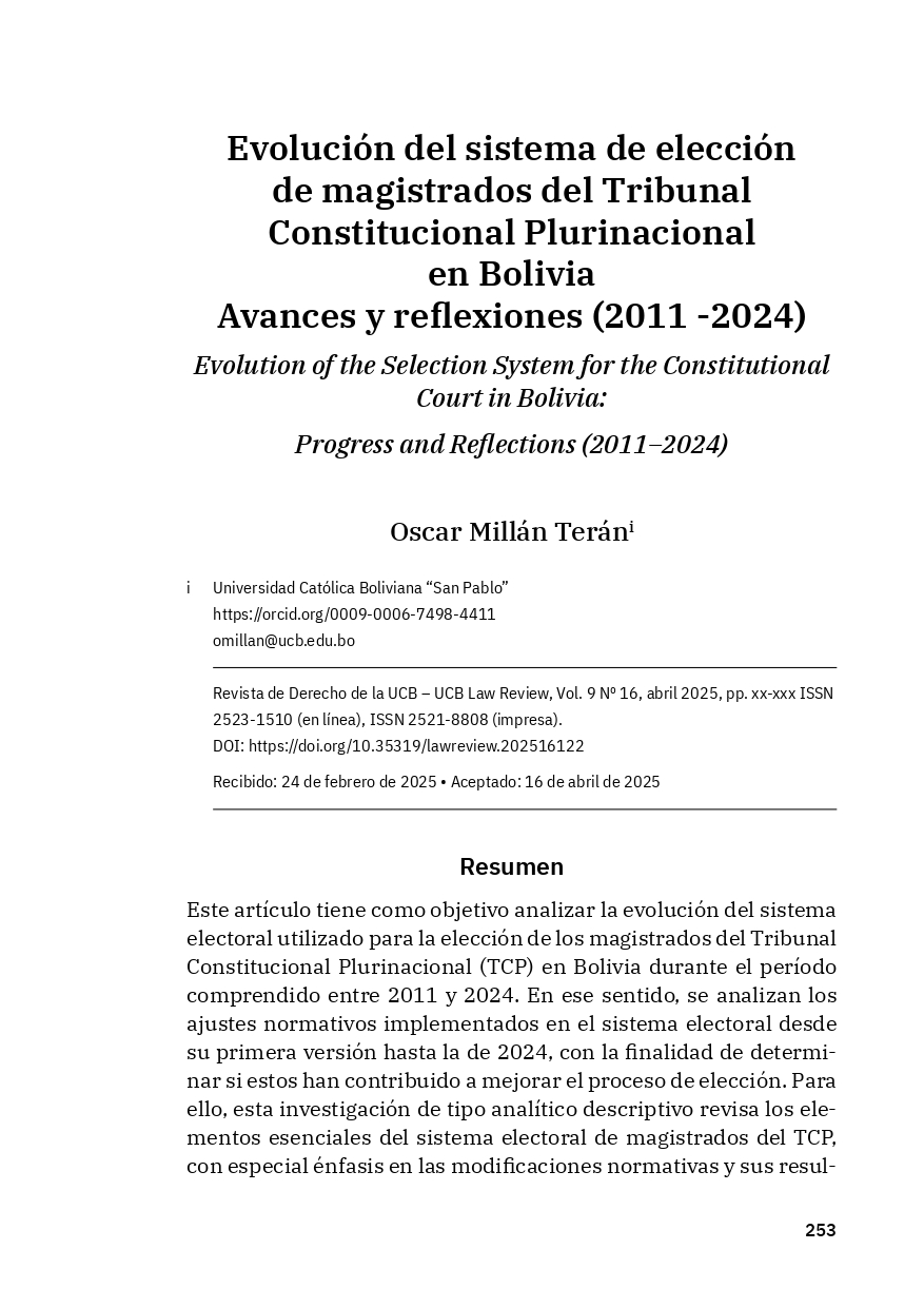 Evolución del sistema de elección de magistrados del Tribunal Constitucional Plurinacional en Bolivia. Avances y reflexiones (2011-2024)