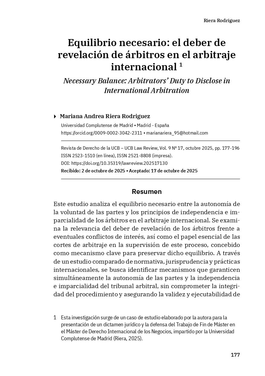 Portada  Equilibrio necesario: el deber de revelación de árbitros en el  arbitraje internacional