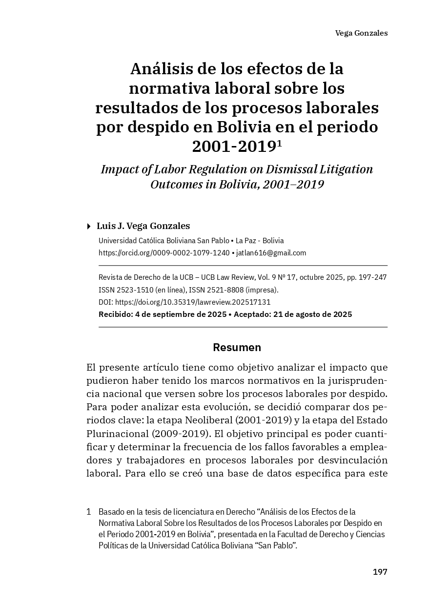 Portada Análisis de los efectos de la normativa laboral sobre los  resultados de los procesos laborales por despido en Bolivia   en el periodo 2001-2019