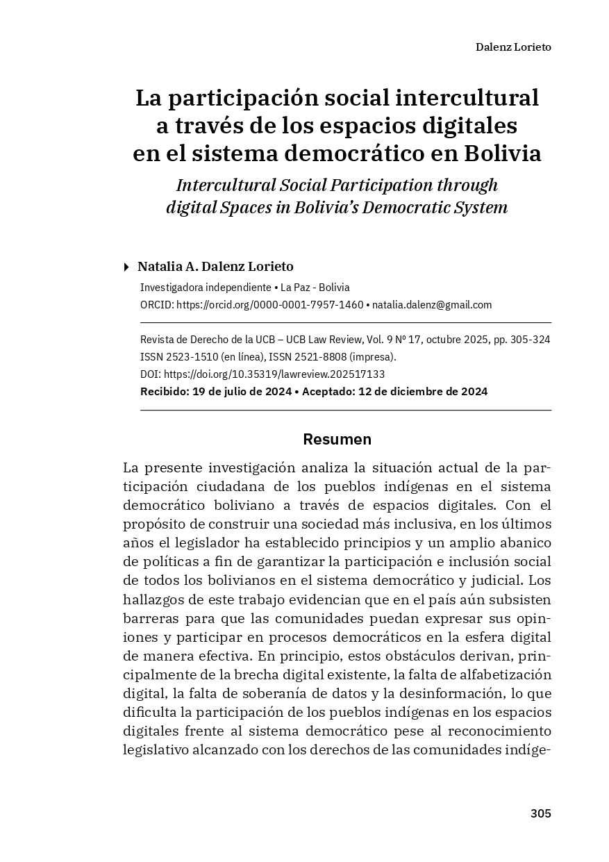 Portada  La participación social intercultural a través de los espacios digitales  en el sistema democrático en Bolivia
