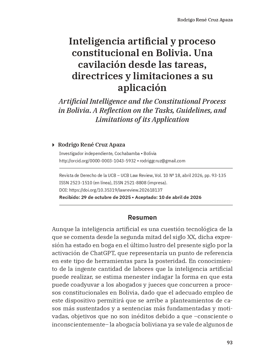 Inteligencia artificial y proceso constitucional en Bolivia. Una cavilación desde las tareas, directrices y limitaciones a su aplicación