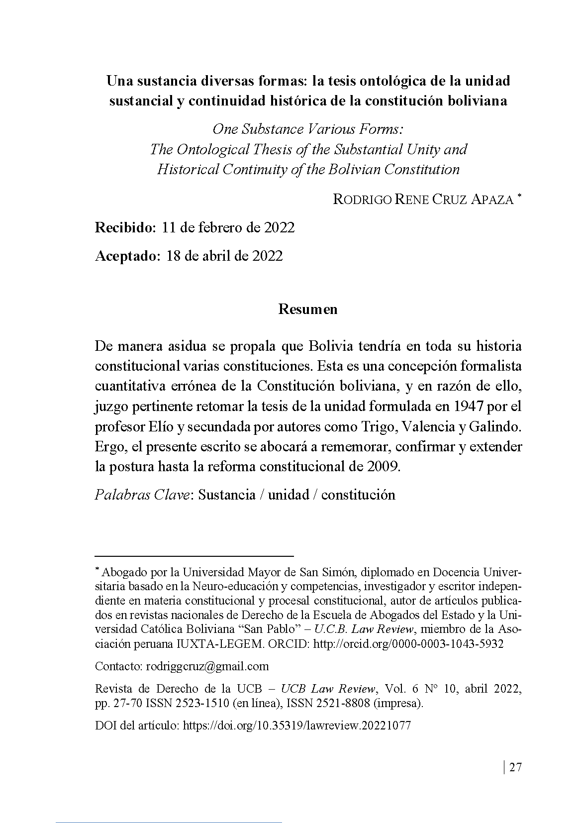 Una sustancia diversas formas: la tesis ontológica de la unidad sustancial y continuidad histórica de la constitución boliviana