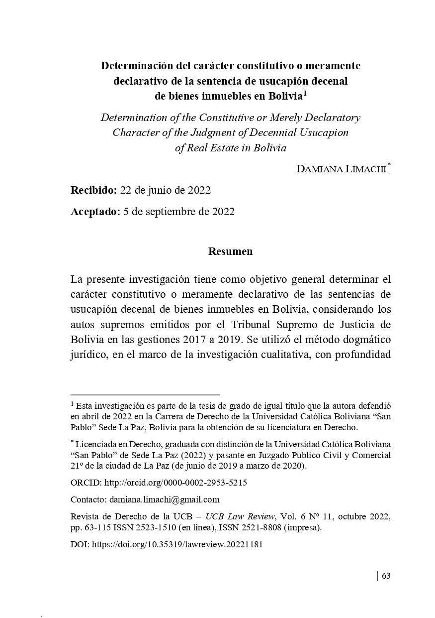 Determinación del carácter constitutivo o meramente declarativo de la sentencia de usucapión decenal de bienes inmuebles en Bolivia