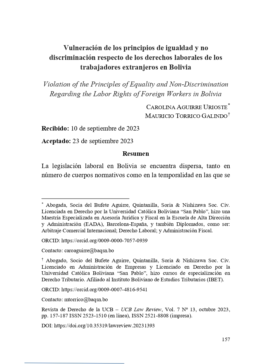 Vulneración de los principios de igualdad y no discriminación respecto de los derechos laborales de los trabajadores extranjeros en Bolivia 